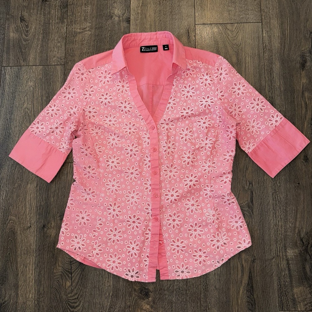7th Avenue NY&Co Button Down Shirt Shiffli Embroidered Collared Long Sleeve Pink